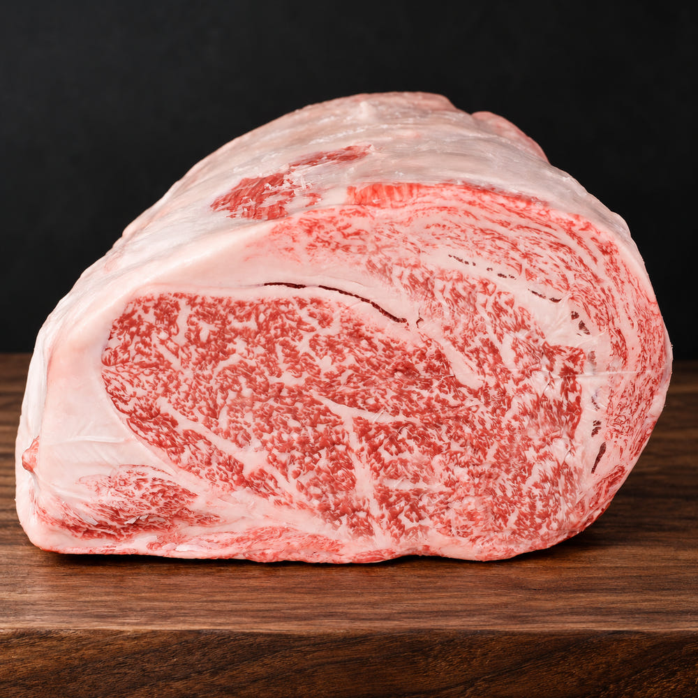 Bloc d’entrecôte de wagyu sur planche en noyer — visuel de présentation retouché