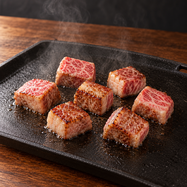 Cubes de wagyu japonais A5 en cuisson à la plancha